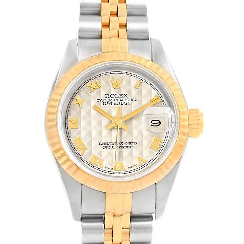 The image shows a face-on view of a Rolex Datejust 69173 Women's Stainless Steel Beige Dial 69173 Women's Stainless Steel Beige Dial with a two-tone bracelet, gold bezel, and date display.