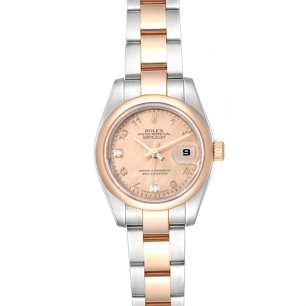 The image shows a top view of a Rolex Datejust 179161 Women's Steel and Gold (two tone) Pink Dial 179161 Women's Steel and Gold (two tone) Pink Dial watch, highlighting the dial, bezel, and bracelet.