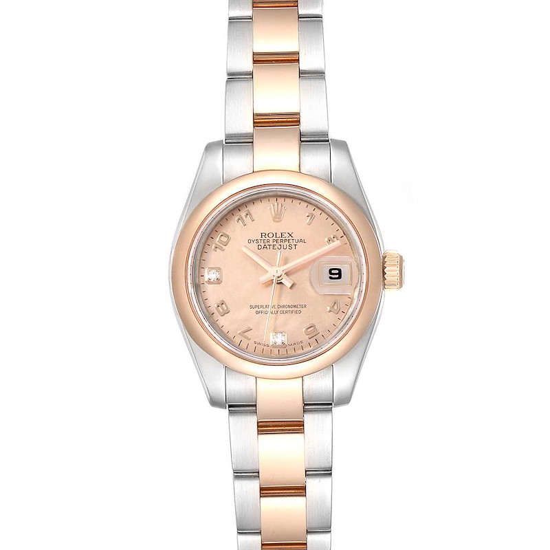 The image shows a top view of a Rolex Datejust 179161 Women's Steel and Gold (two tone) Pink Dial 179161 Women's Steel and Gold (two tone) Pink Dial watch, highlighting the dial, bezel, and bracelet.