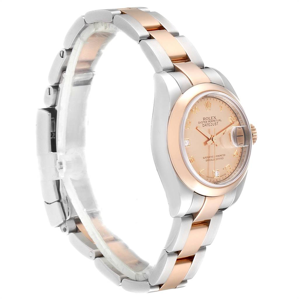 Side view of Rolex Datejust 179161 Women's Steel and Gold (two tone) Pink Dial 179161 Women's Steel and Gold (two tone) Pink Dial, displaying the case, crown, bracelet, and partial dial.