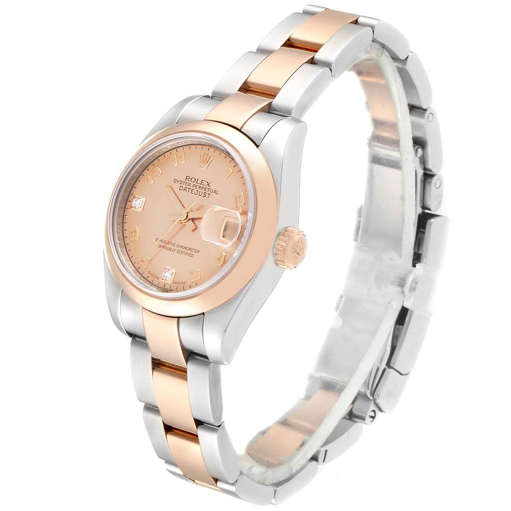 The Rolex Datejust 179161 Women's Steel and Gold (two tone) Pink Dial 179161 Women's Steel and Gold (two tone) Pink Dial watch is shown at an angled view emphasizing the dial, bezel, and bracelet.