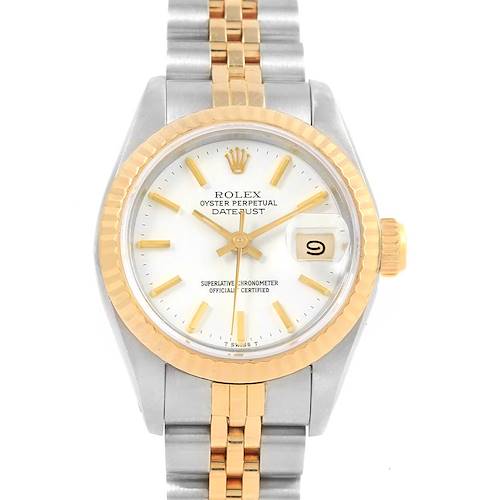 The image shows a frontal view of a Rolex Datejust 69173 Women's Stainless Steel White Dial 69173 Women's Stainless Steel White Dial watch, highlighting its dial, hands, date window, bezel, and band.