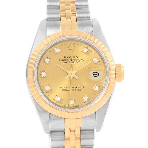 This image shows the front view of a Rolex Datejust 69173 Women's Stainless Steel Champagne Dial 69173 Women's Stainless Steel Champagne Dial watch, highlighting the dial, bezel, case, and bracelet.