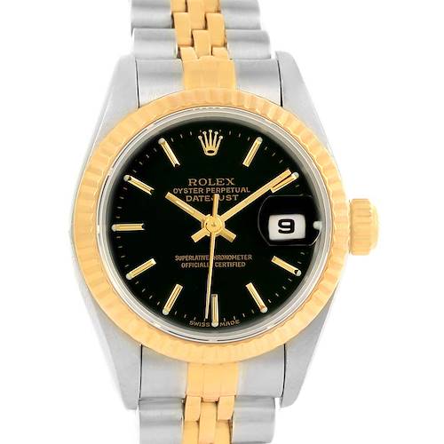 This Rolex Datejust 79173 Women's Steel and Gold (two tone) Black Dial 79173 Women's Steel and Gold (two tone) Black Dial watch is shown from the front, highlighting the dial, bezel, and part of the bracelet.