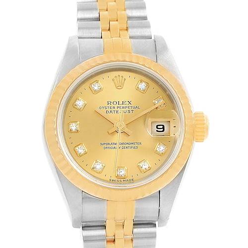This image shows a front view of a Rolex Datejust 79173 Women's Stainless Steel Champagne Dial 79173 Women's Stainless Steel Champagne Dial watch, highlighting its gold dial, date window, and two-tone bracelet.