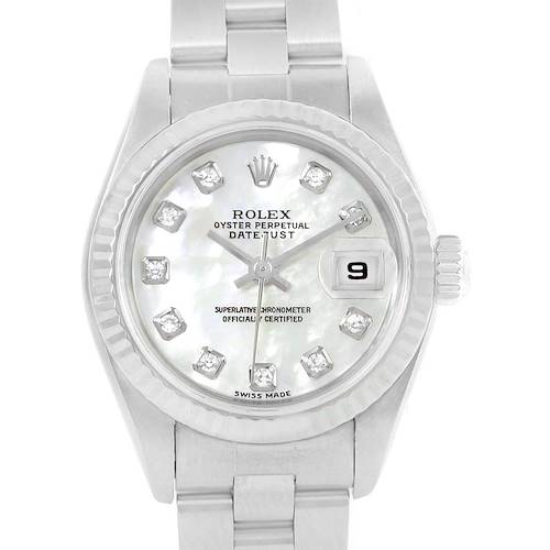 This image shows a Rolex Datejust 79174 Women's Stainless Steel Mother of Pearl Dial 79174 Women's Stainless Steel Mother of Pearl Dial watch from the front angle, including its dial, bezel, and part of the bracelet.