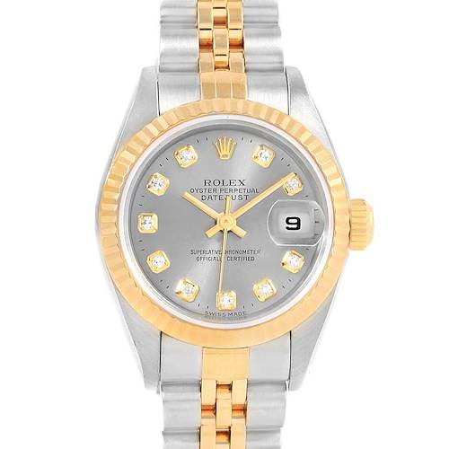 The image shows a front view of a Rolex Datejust 79173 Women's Stainless Steel Silver Dial 79173 Women's Stainless Steel Silver Dial watch, highlighting its dial, bezel, and bracelet.