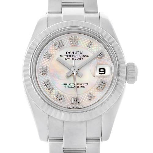 The image shows a top-down view of a Rolex Datejust 179174 Women's Stainless Steel Mother of Pearl Dial 179174 Women's Stainless Steel Mother of Pearl Dial watch, displaying the dial, bezel, crown, and part of the bracelet.