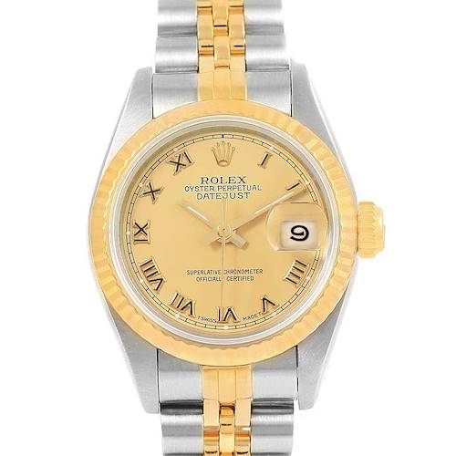 The Rolex Datejust 69163 Women's Stainless Steel Champagne Dial 69163 Women's Stainless Steel Champagne Dial watch is displayed from the front, showing its dial, bezel, and part of its bracelet.