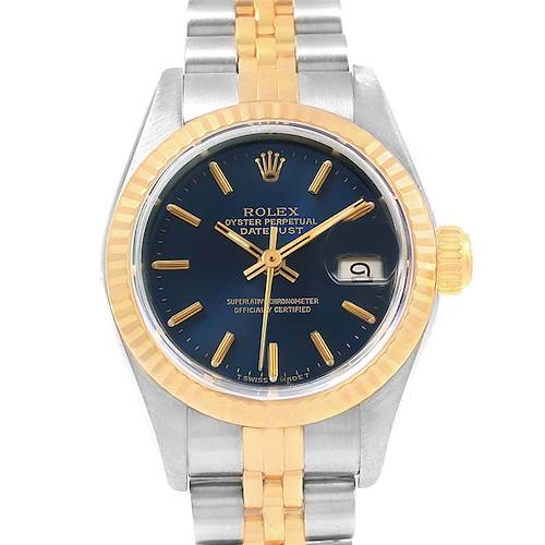 This image shows a Rolex Datejust 69173 Women's Stainless Steel Blue Dial 69173 Women's Stainless Steel Blue Dial watch from the front, highlighting the dial, bezel, crown, and the two-tone bracelet.