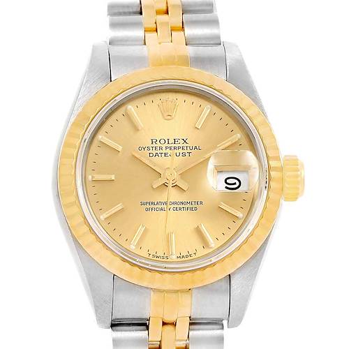 The image shows a front view of a Rolex Datejust 69173 Women's Stainless Steel White Dial 69173 Women's Stainless Steel White Dial watch, highlighting its gold dial, fluted bezel, and two-tone bracelet.