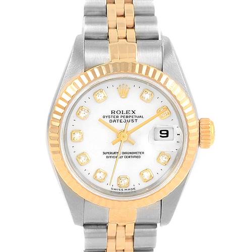 This image shows a frontal view of a Rolex Datejust 79173 Women's Stainless Steel White Dial 79173 Women's Stainless Steel White Dial watch, highlighting the dial, bezel, crown, and part of the bracelet.