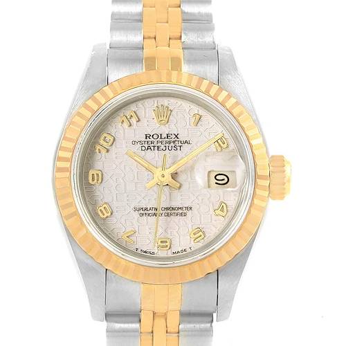 The image shows a front view of a Rolex Datejust 69173 Women's Stainless Steel Beige Dial 69173 Women's Stainless Steel Beige Dial watch, highlighting its gold bezel, crown, and two-tone metal band.