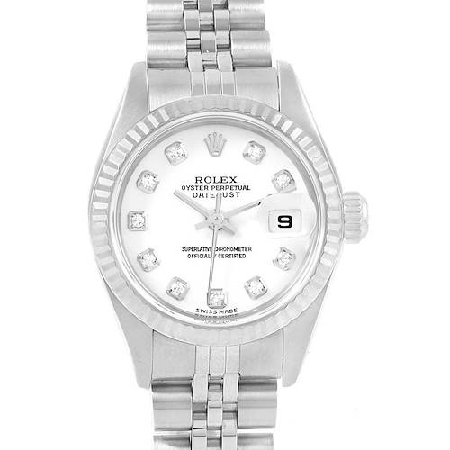 The image shows a front view of the Rolex Datejust 79174 Women's Stainless Steel White Dial 79174 Women's Stainless Steel White Dial watch, featuring its dial, bezel, crown, and part of the bracelet.