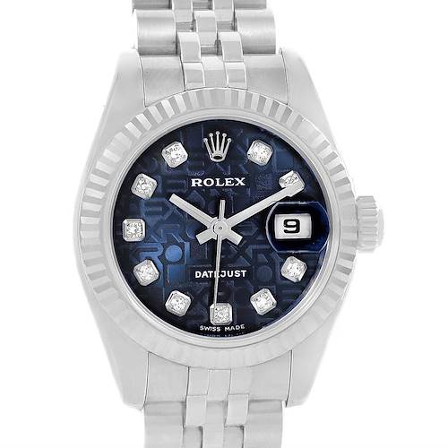 The image shows a frontal view of a Rolex Datejust 179174 Women's Stainless Steel Blue Dial 179174 Women's Stainless Steel Blue Dial watch, displaying its face, bezel, and part of the bracelet.