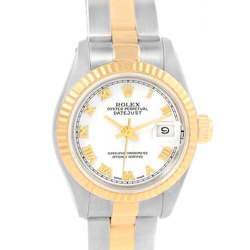 The image shows a front view of a Rolex Datejust 69173 Women's Stainless Steel White Dial 69173 Women's Stainless Steel White Dial watch, highlighting its dial, bezel, and part of the bracelet.