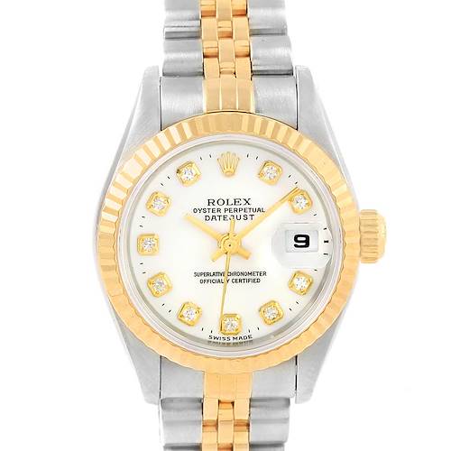 The Rolex Datejust 69173 Women's Stainless Steel White Dial 69173 Women's Stainless Steel White Dial watch is shown from a front angle, highlighting its face, bezel, and bracelet.