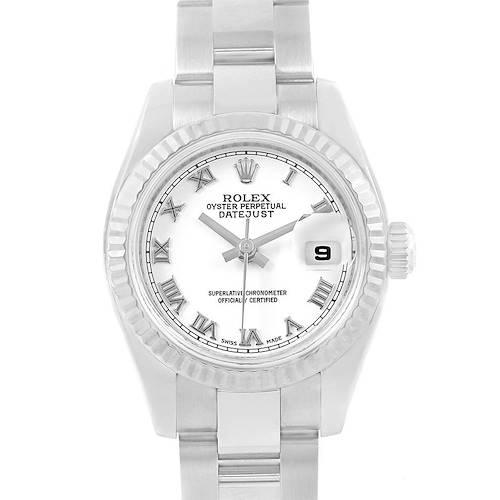 This image shows a front view of the Rolex Datejust 179174 Women's Stainless Steel White Dial 179174 Women's Stainless Steel White Dial, highlighting its dial, bezel, and part of the bracelet.