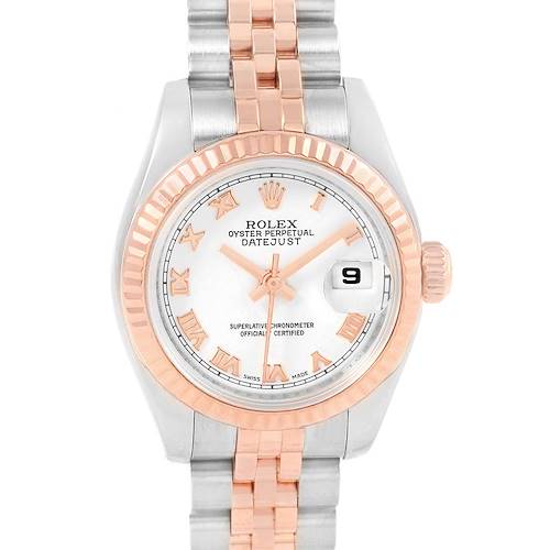 This image shows a front view of the Rolex Datejust 179171 Women's Steel and Gold (two tone) White Dial 179171 Women's Steel and Gold (two tone) White Dial watch, highlighting the dial, fluted bezel, and two-tone bracelet.