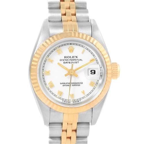 This image shows a Rolex Datejust 69173 Women's Stainless Steel White Dial 69173 Women's Stainless Steel White Dial watch from a front angle, highlighting the face, bezel, and bracelet.