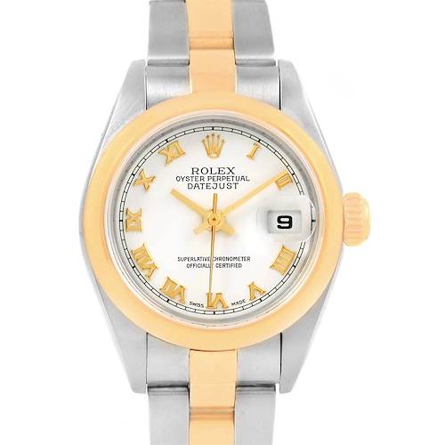 The image shows a frontal view of a Rolex Datejust 79163 Women's Steel and Gold (two tone) White Dial 79163 Women's Steel and Gold (two tone) White Dial watch, highlighting its two-tone bracelet, dial, and date window at 3 o'clock.
