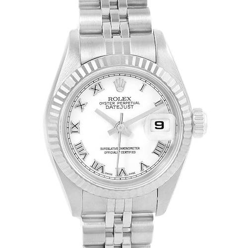 Front view of the Rolex Datejust 79174 Women's Stainless Steel White Dial 79174 Women's Stainless Steel White Dial watch showing the face, bezel, and part of the bracelet.