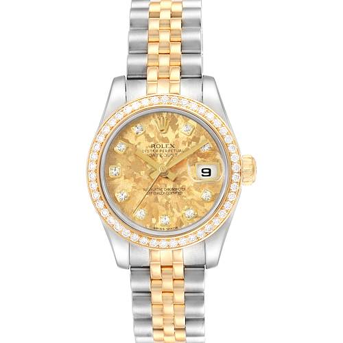 The Rolex Datejust 179383 Women's Steel and Gold (two tone) Champagne Dial 179383 Women's Steel and Gold (two tone) Champagne Dial watch is displayed from a top-down view, showing the dial, bezel, and two-tone bracelet.