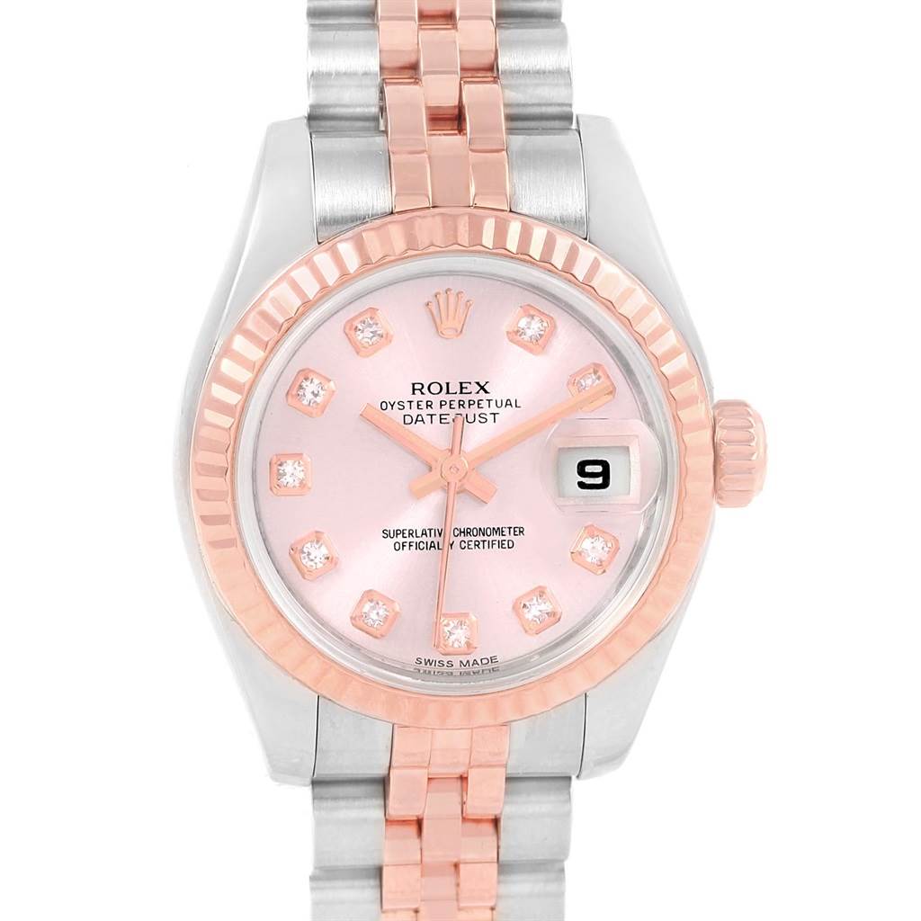 The Rolex Datejust 179171 Women's Steel and Gold (two tone) Pink Dial 179171 Women's Steel and Gold (two tone) Pink Dial watch is shown from a top-down angle, displaying its face, bezel, crown, and bracelet.