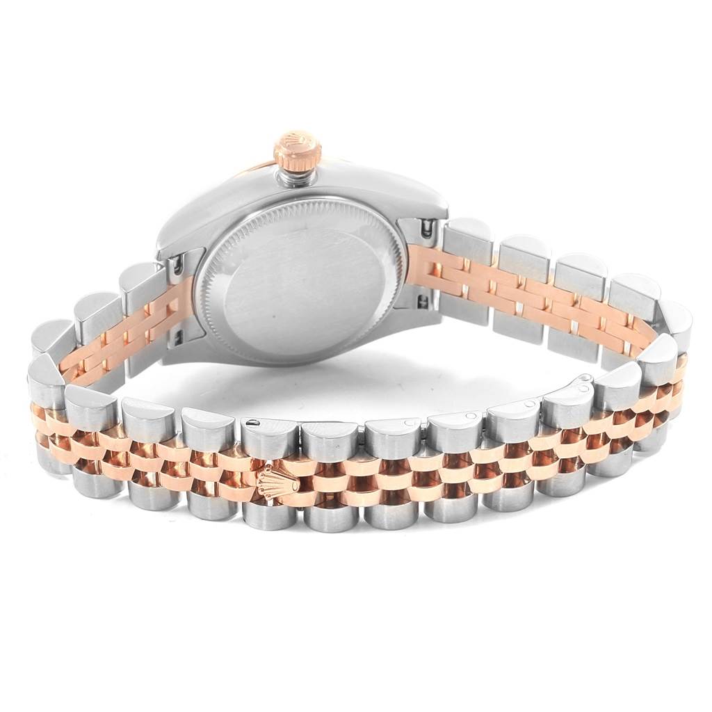 This image shows the back view of the Rolex Datejust 179171 Women's Steel and Gold (two tone) Pink Dial 179171 Women's Steel and Gold (two tone) Pink Dial watch, focusing on the case and two-tone bracelet with a crown logo.