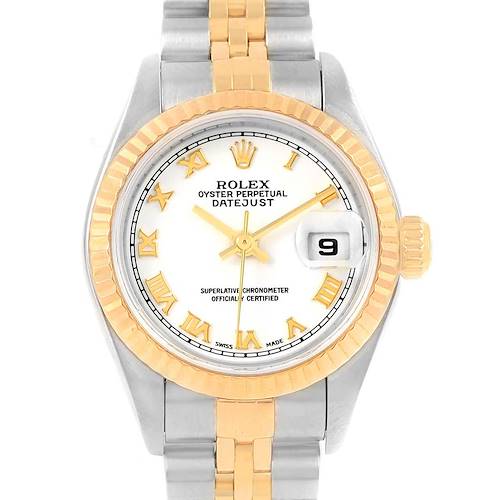 The image shows a front view of the Rolex Datejust 79173 Women's Steel and Gold (two tone) White Dial 79173 Women's Steel and Gold (two tone) White Dial watch, highlighting its bezel, dial, date window, and parts of the bracelet.