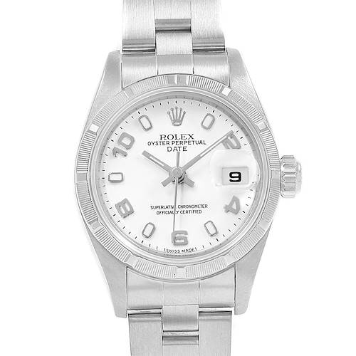 The image shows a frontal view of a Rolex Datejust 79190 Women's Stainless Steel White Dial 79190 Women's Stainless Steel White Dial watch, displaying the dial, bezel, crown, and part of the bracelet.