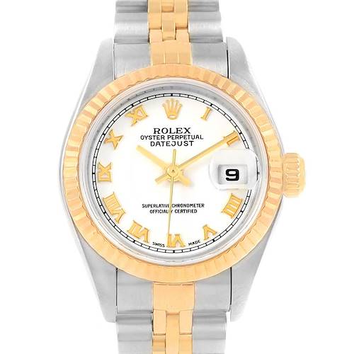 The image shows the front view of a Rolex Datejust 79173 Women's Steel and Gold (two tone) White Dial 79173 Women's Steel and Gold (two tone) White Dial watch, highlighting its dial, bezel, case, and bracelet.
