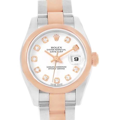 The image shows a front view of a Rolex Datejust 179161 Women's Steel and Gold (two tone) White Dial 179161 Women's Steel and Gold (two tone) White Dial watch, featuring a silver and rose gold design with diamond hour markers.