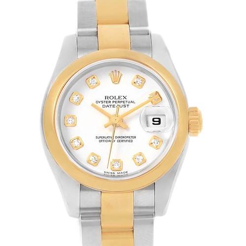 The Rolex Datejust 179163 Women's Steel and Gold (two tone) White Dial 179163 Women's Steel and Gold (two tone) White Dial watch is shown from a front angle, displaying its dial, hands, date window, and part of its bracelet.