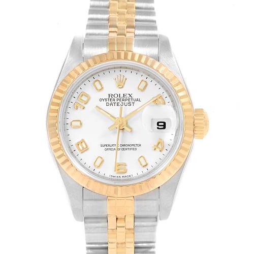 The image shows a Rolex Datejust 69173 Women's Stainless Steel White Dial 69173 Women's Stainless Steel White Dial watch head-on, displaying its dial, bezel, crown, and part of the bracelet.