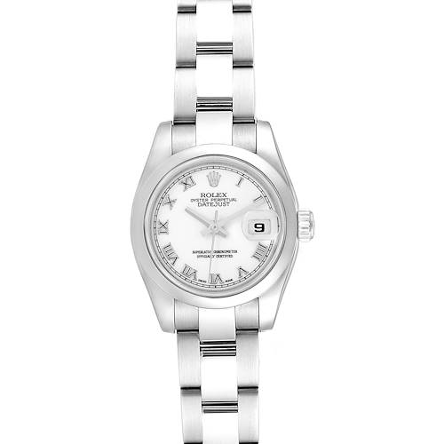 This image shows the front view of the Rolex Datejust 179160 Women's Stainless Steel White Dial 179160 Women's Stainless Steel White Dial watch, featuring its dial, bracelet, and date window.