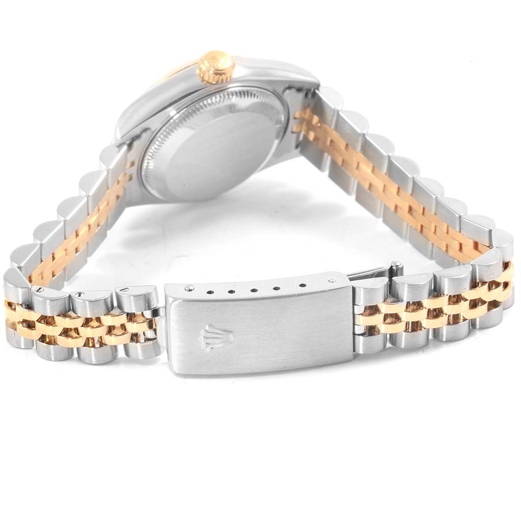 The image shows the back view of a Rolex Datejust 79173 Women's Steel and Gold (two tone) White Dial 79173 Women's Steel and Gold (two tone) White Dial watch, highlighting the bracelet and clasp.