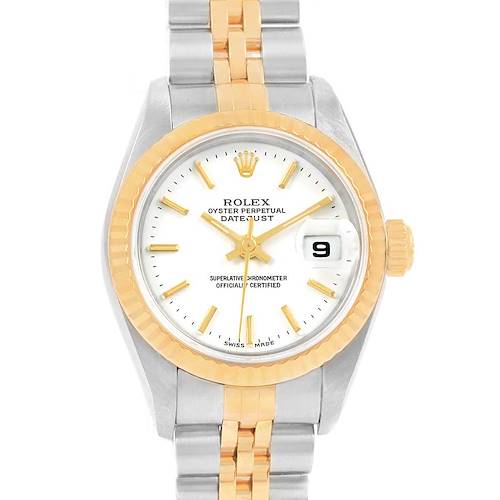 This image shows a Rolex Datejust 79173 Women's Steel and Gold (two tone) White Dial 79173 Women's Steel and Gold (two tone) White Dial watch from a front angle, highlighting the face, two-tone bezel, and bracelet.