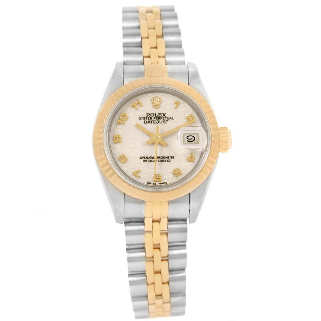 The image shows a front view of the Rolex Datejust 69173 Women's Stainless Steel Beige Dial 69173 Women's Stainless Steel Beige Dial watch, displaying the two-tone bracelet, dial, and date window.