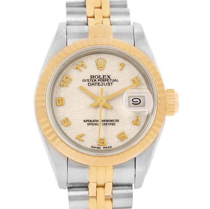 This image shows a Rolex Datejust 69173 Women's Stainless Steel Beige Dial 69173 Women's Stainless Steel Beige Dial watch from a front angle, highlighting its two-toned bracelet, dial, hands, and date window.
