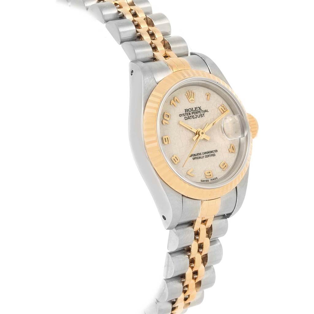 The image shows a Rolex Datejust 69173 Women's Stainless Steel Beige Dial 69173 Women's Stainless Steel Beige Dial watch at a slight angle, highlighting the face, bezel, and a portion of the bracelet.