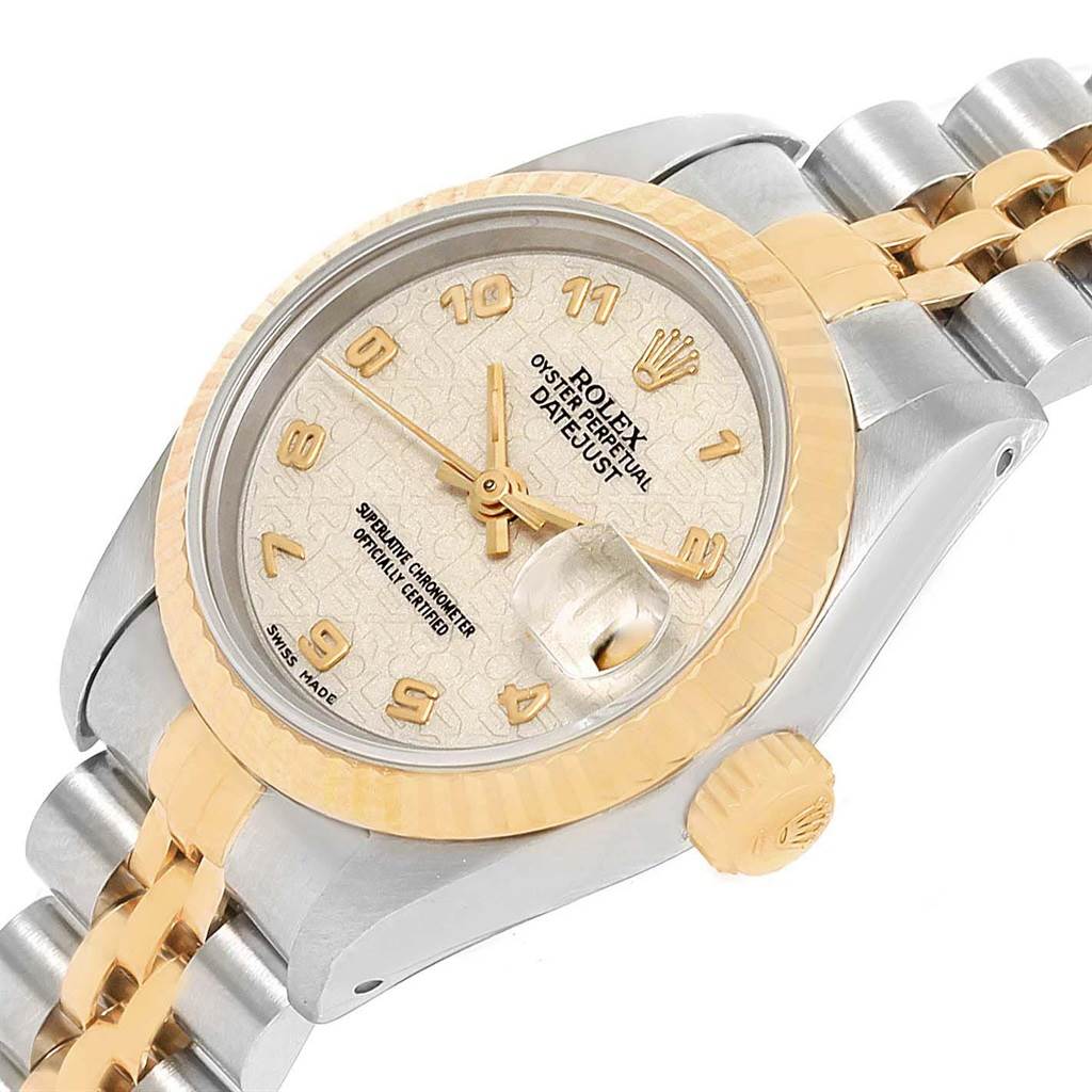 This image shows a close-up, angled view of the face, bezel, crown, and part of the bracelet of a Rolex Datejust 69173 Women's Stainless Steel Beige Dial 69173 Women's Stainless Steel Beige Dial watch.