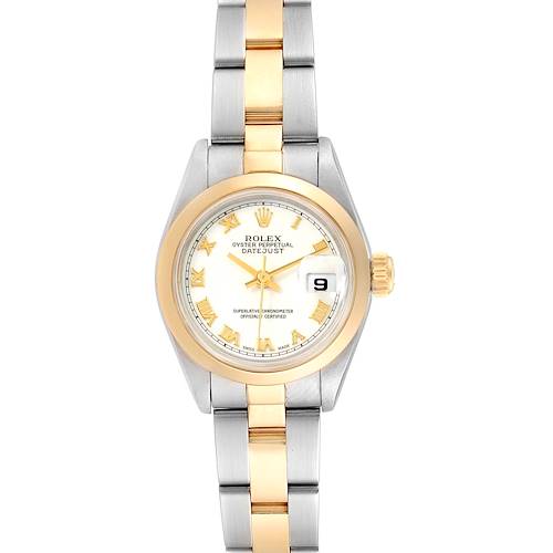 The image shows a front view of a Rolex Datejust 69163 Women's Steel and Gold (two tone) White Dial 69163 Women's Steel and Gold (two tone) White Dial watch, displaying its dial, bezel, and bracelet.