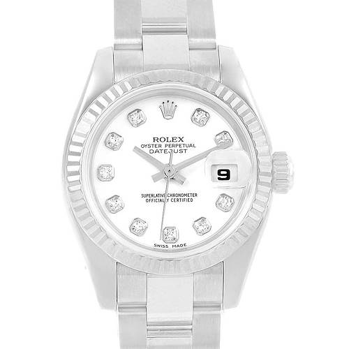 This image shows a front view of a Rolex Datejust 179174 Women's Stainless Steel White Dial 179174 Women's Stainless Steel White Dial watch, displaying the dial, bezel, and bracelet.