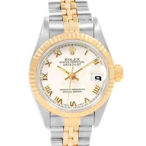 The image shows the front view of a Rolex Datejust 69173 Women's Stainless Steel White Dial 69173 Women's Stainless Steel White Dial watch, highlighting its dial, bezel, and two-tone metal bracelet.