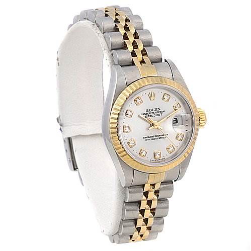 This image shows a Rolex Datejust 69173 Women's Stainless Steel Silver Dial 69173 Women's Stainless Steel Silver Dial watch at a three-quarter angle highlighting the face, bezel, and two-tone jubilee bracelet.
