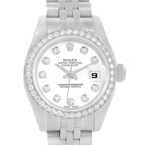 The image shows the dial, bezel, and bracelet of a Rolex Datejust 179384 Women's Stainless Steel White Dial 179384 Women's Stainless Steel White Dial model watch from a front-facing angle.