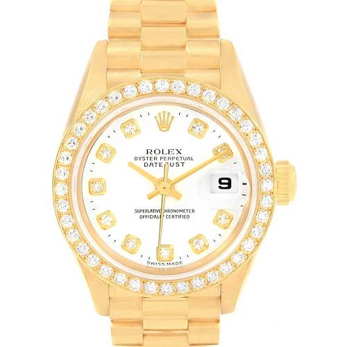 This image shows a front view of the Rolex Datejust 79178 Women's Yellow Gold White Dial 79178 Women's Yellow Gold White Dial watch, highlighting its face, bezel, and bracelet.