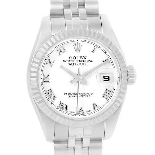 This image shows a front view of a Rolex Datejust 179174 Women's Stainless Steel White Dial 179174 Women's Stainless Steel White Dial watch, highlighting the complete dial, bezel, crown, and part of the bracelet.