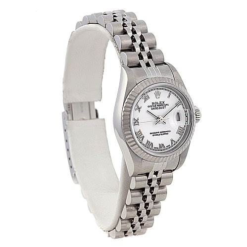 This image shows a Rolex Datejust 79174 Women's Stainless Steel White Dial 79174 Women's Stainless Steel White Dial watch angled to display the dial, bezel, crown, and bracelet.